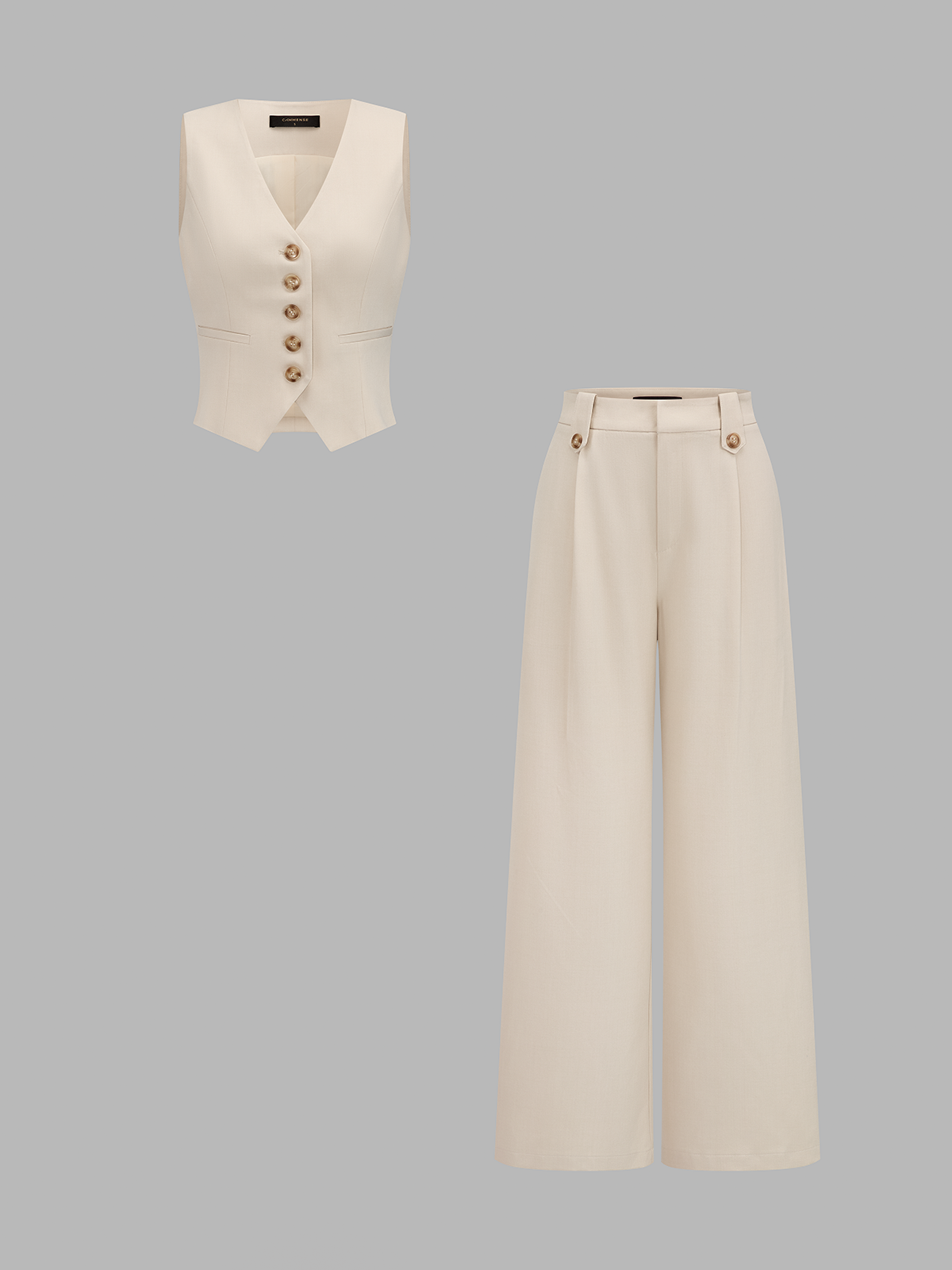 V-neck button-front cropped fitted vest and wide-leg trousers set, stylish women's business casual attire