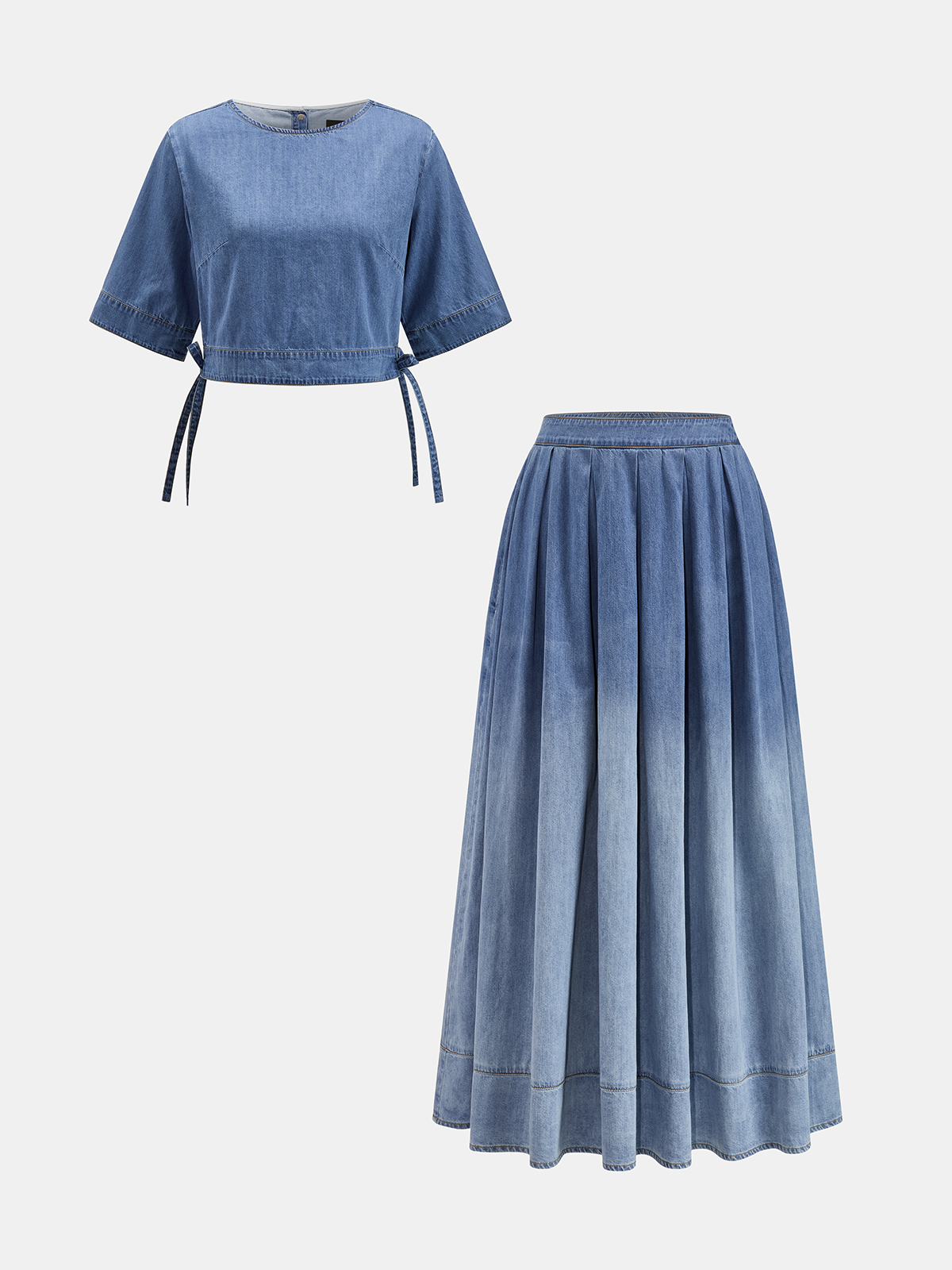 Side Tie Denim Top & Ombre Midi Skirt Set for Women Spring Collection