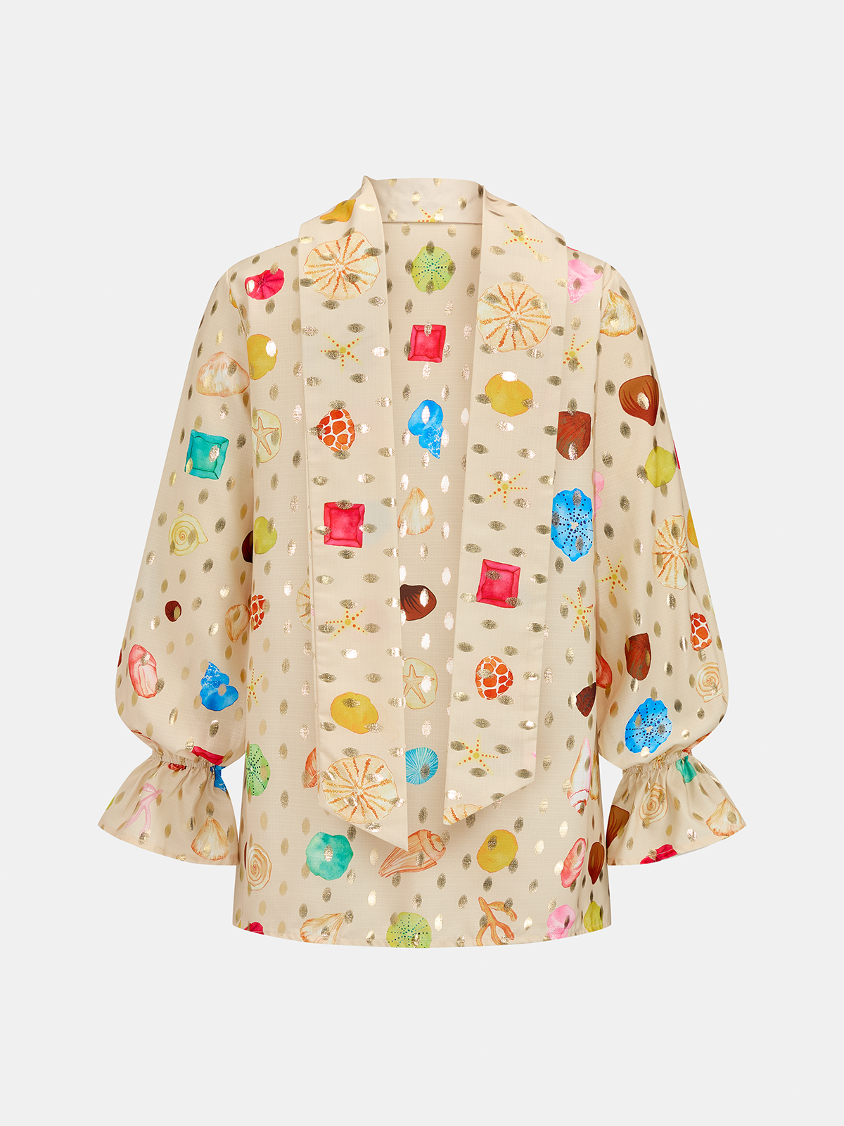 Seashell Print Golden Dot Embellished Kids Two Piece Shorts Set with Pockets