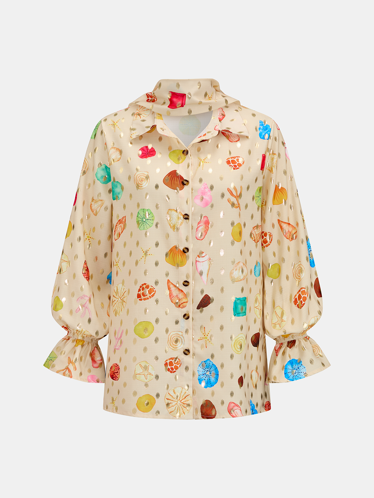 Seashell Print Golden Dot Embellished Kids Two Piece Shorts Set with Pockets