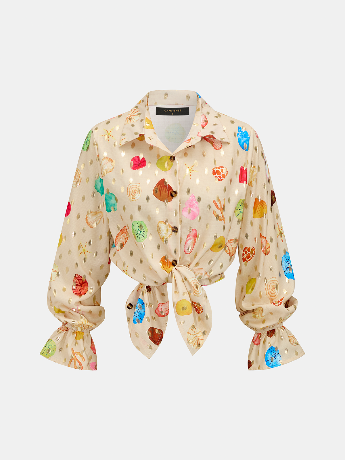 Seashell Print Golden Dot Embellished Kids Two Piece Shorts Set with Pockets