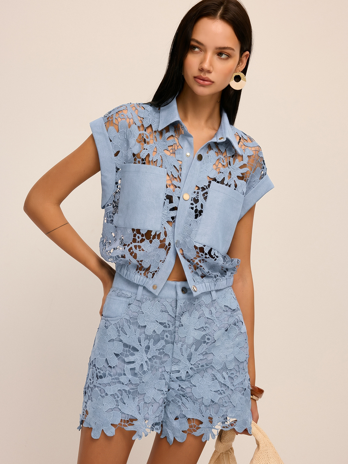 Guipure Lace Cropped Shirt & Shorts Set with Elegant Embroidery Detail