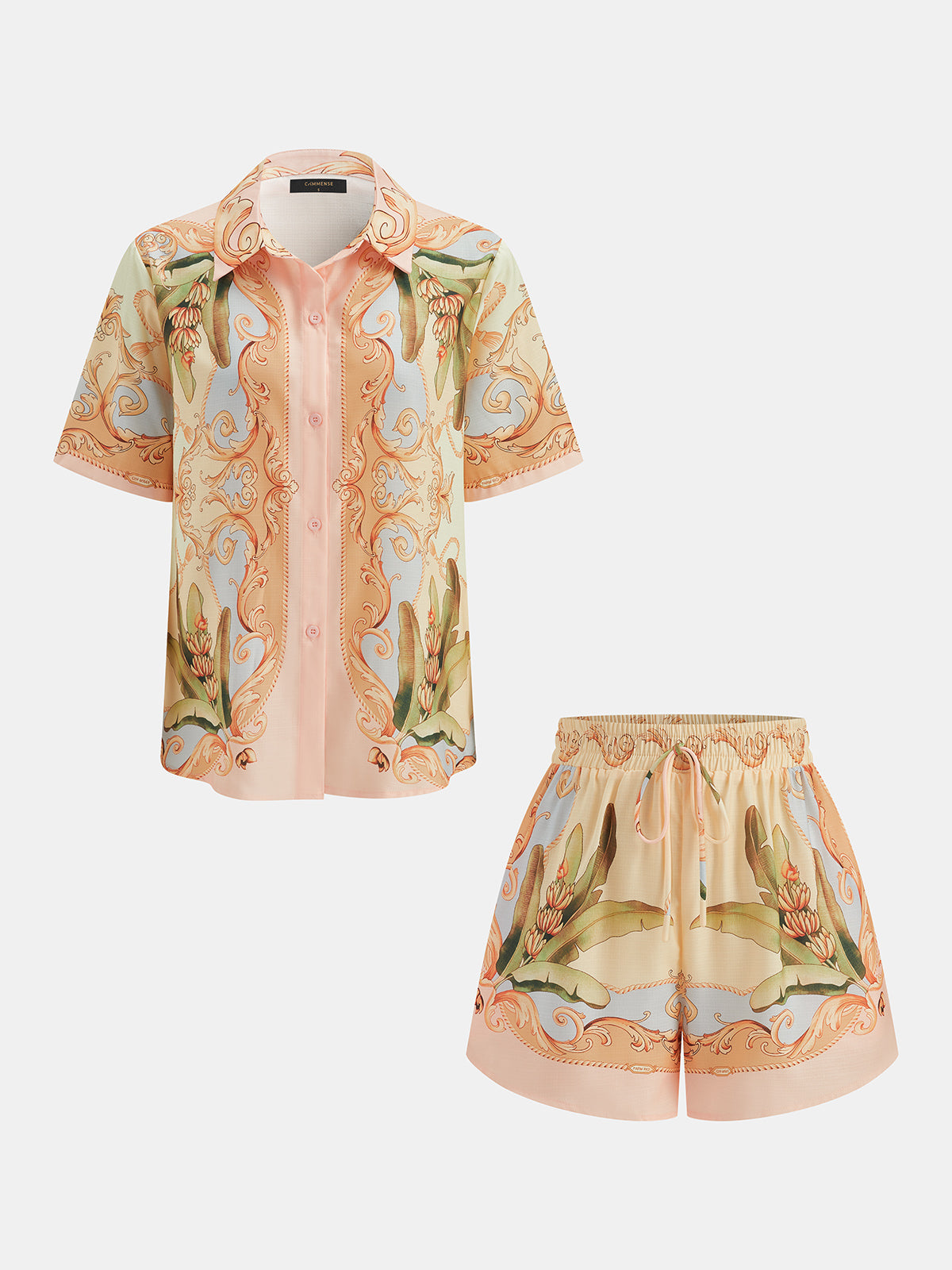 Leaf Print Linen Blend Shirt & Drawstring Shorts Set for Summer Casual Wear
