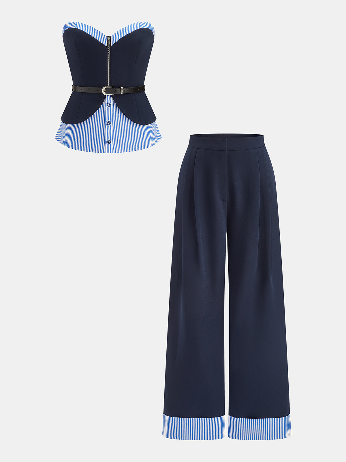 Striped Patchwork Strapless Belted Top & Pants Set, Casual Summer Outfit for Women