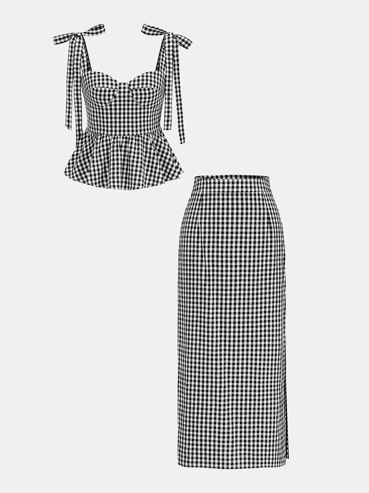 Gingham Bow-Strap Top & Midi Skirt Set for Women Spring Collection