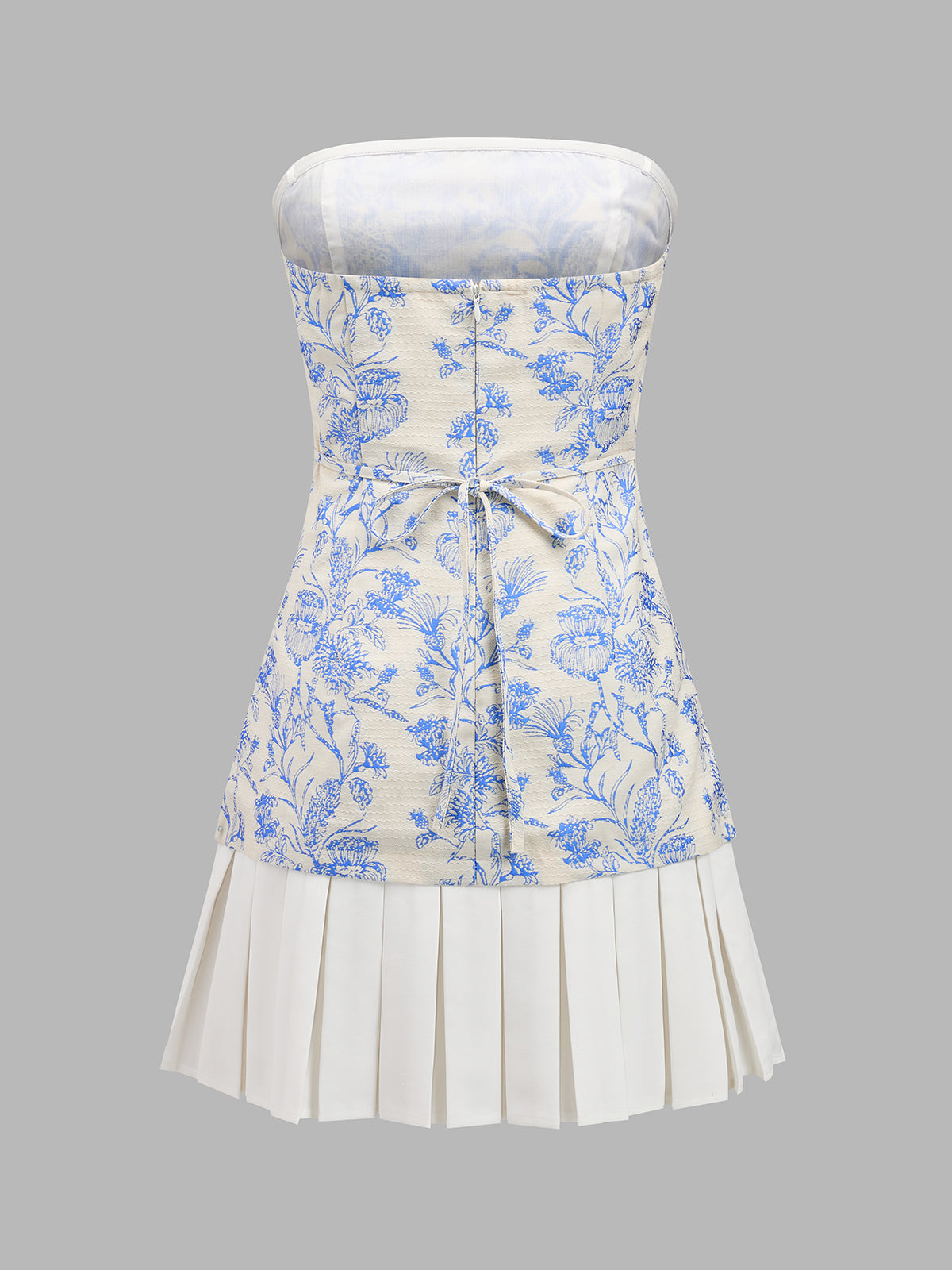 Strapless Floral Pleated Mini Dress with Side Pockets and Belt