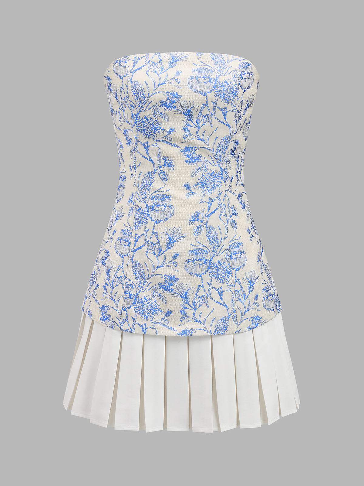Strapless Floral Pleated Mini Dress with Side Pockets and Belt