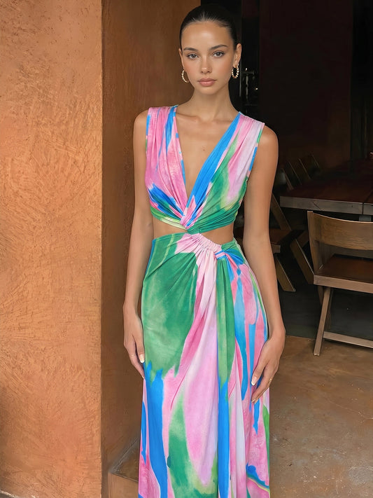Twist Cutout Sleeveless Tie Dye Maxi Dress for Women Summer Casual