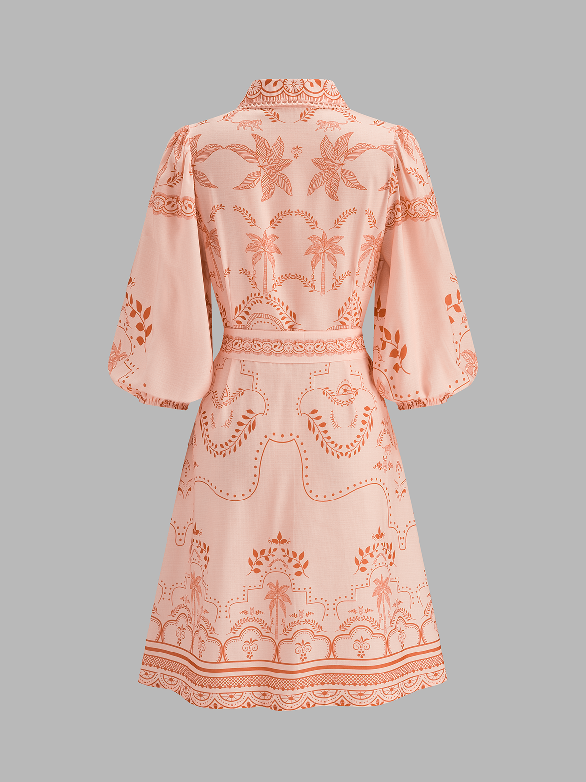 Tropical Print Belted Shirt Dress with Lightweight Fabric
