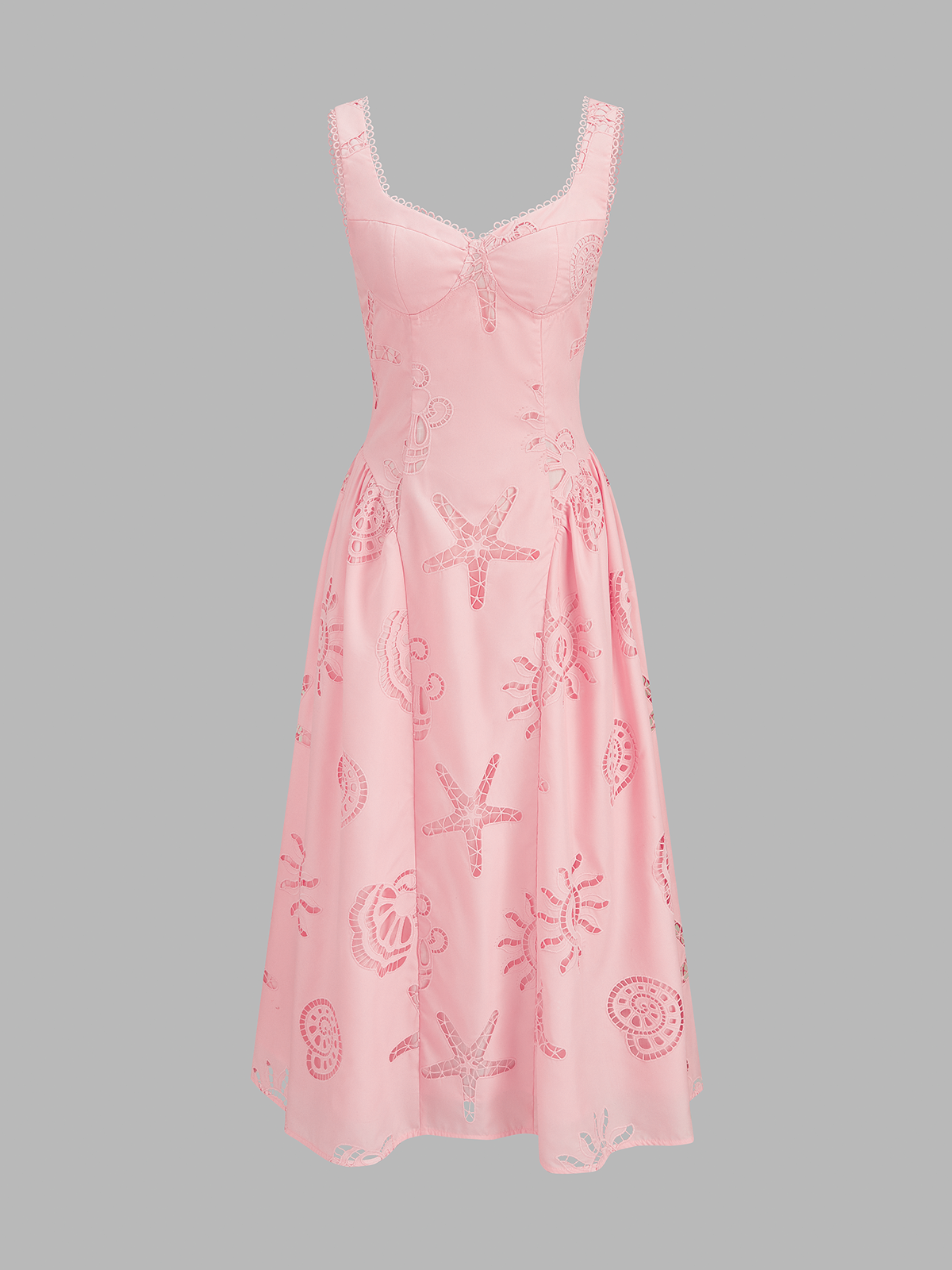 Ocean Cutwork Flared Midi Dress with Elegant Lace Detailing