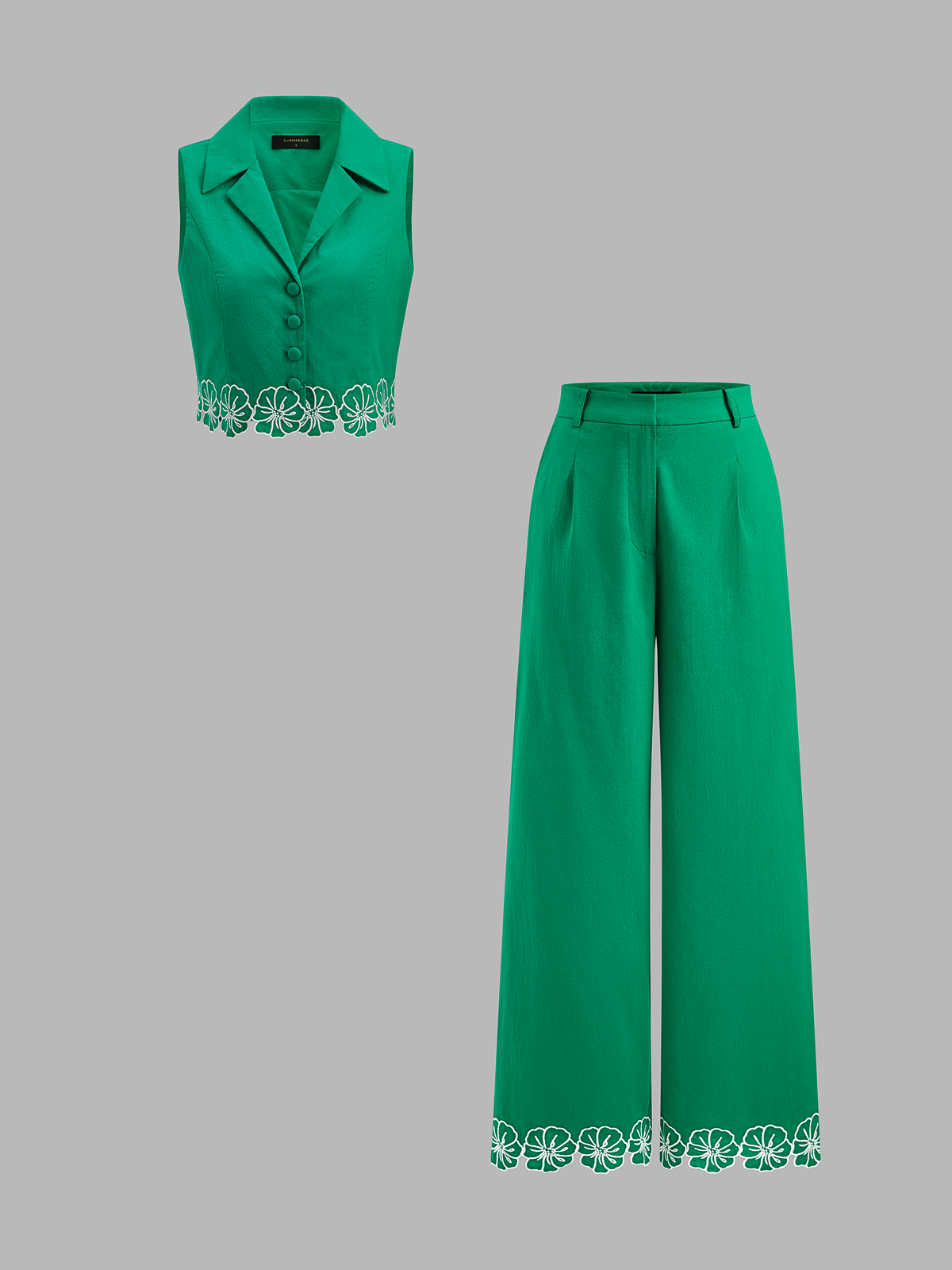 Cotton Floral Embroidered Two Piece Pants Set for Women, Casual Summer Outfit