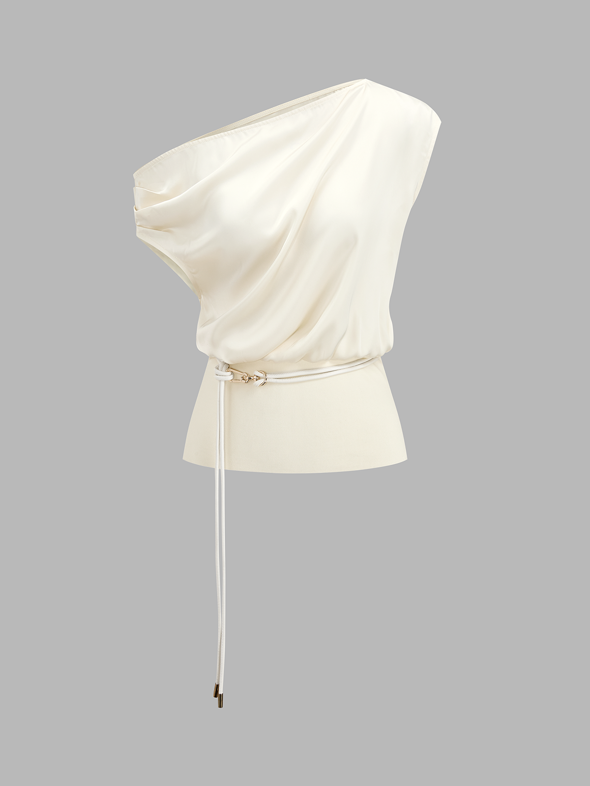 One Shoulder Belted Satin Top Elegant Evening Blouse