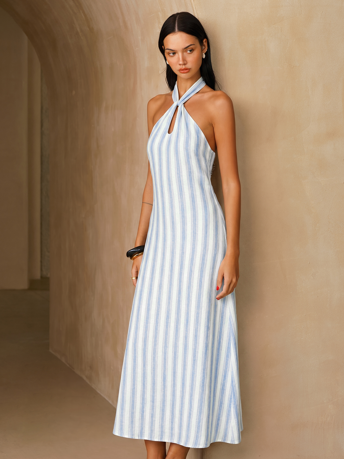 Striped Cotton Halter Maxi Dress with Backless Design