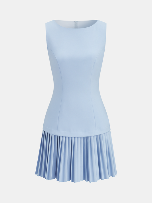 Boat Neck Sleeveless Pleated Mini Dress Women's Casual Summer Flare