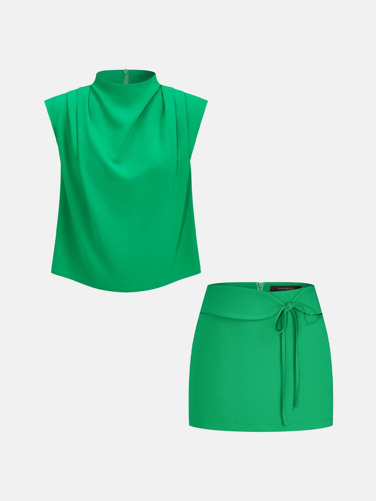 Draped Mock Neck Blouse & Tie-Waist Mini Skirt Set for Elegant Evening Wear