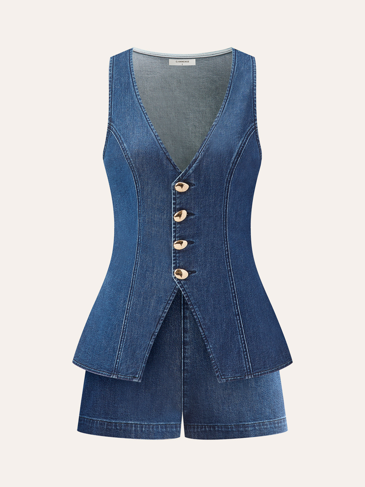Metal Button Tie-Back Denim V-Neck Shorts Set with Elastic Waistband