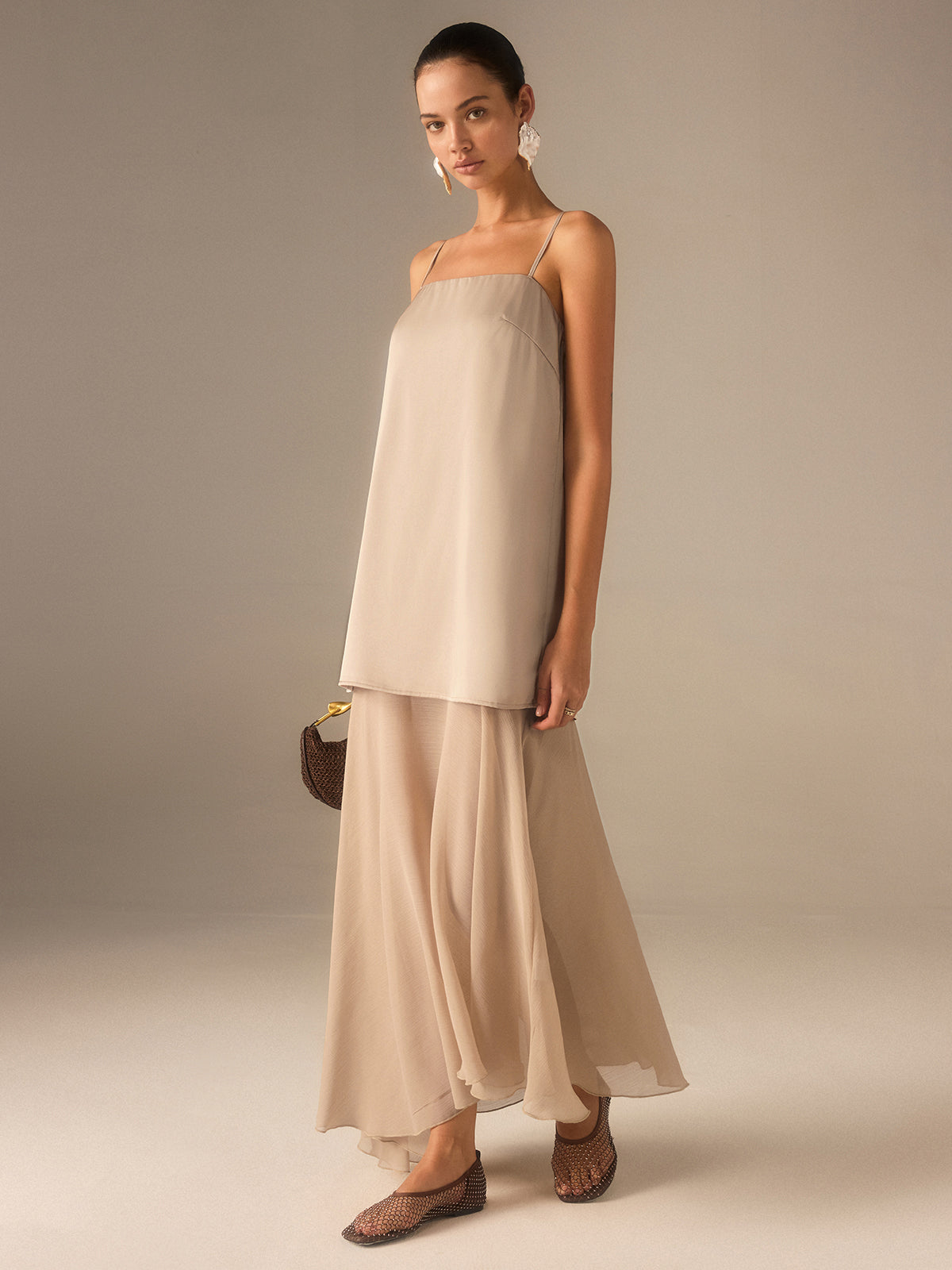 2 in 1 Semi-Sheer Chiffon Cami Maxi Dress with Adjustable Straps