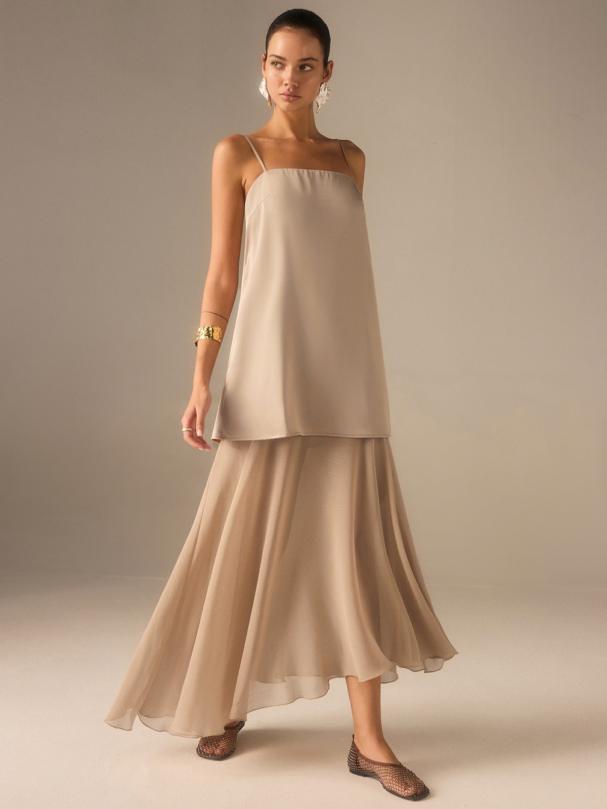2 in 1 Semi-Sheer Chiffon Cami Maxi Dress with Adjustable Straps