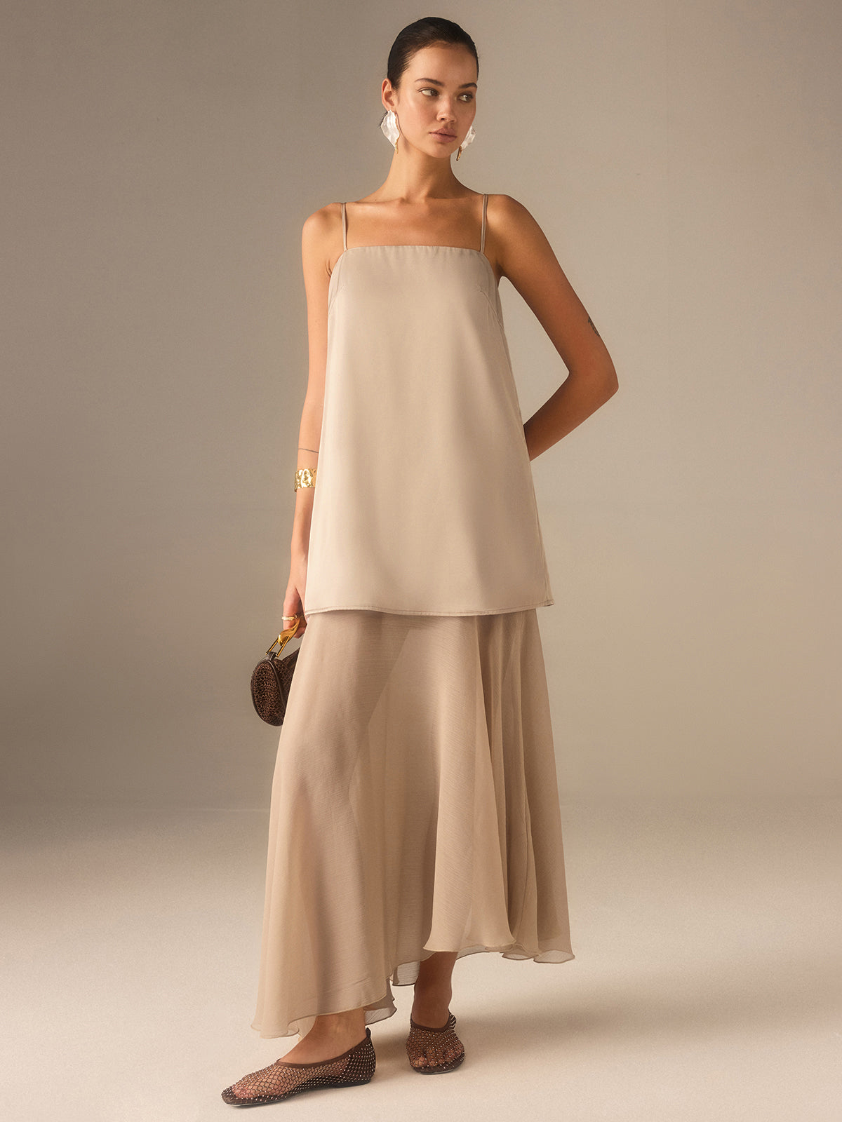 2 in 1 Semi-Sheer Chiffon Cami Maxi Dress with Adjustable Straps