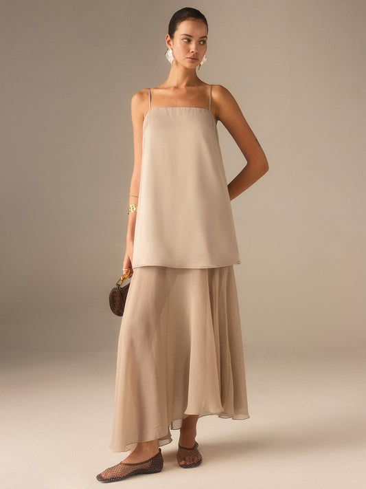 2 in 1 Semi-Sheer Chiffon Cami Maxi Dress with Adjustable Straps