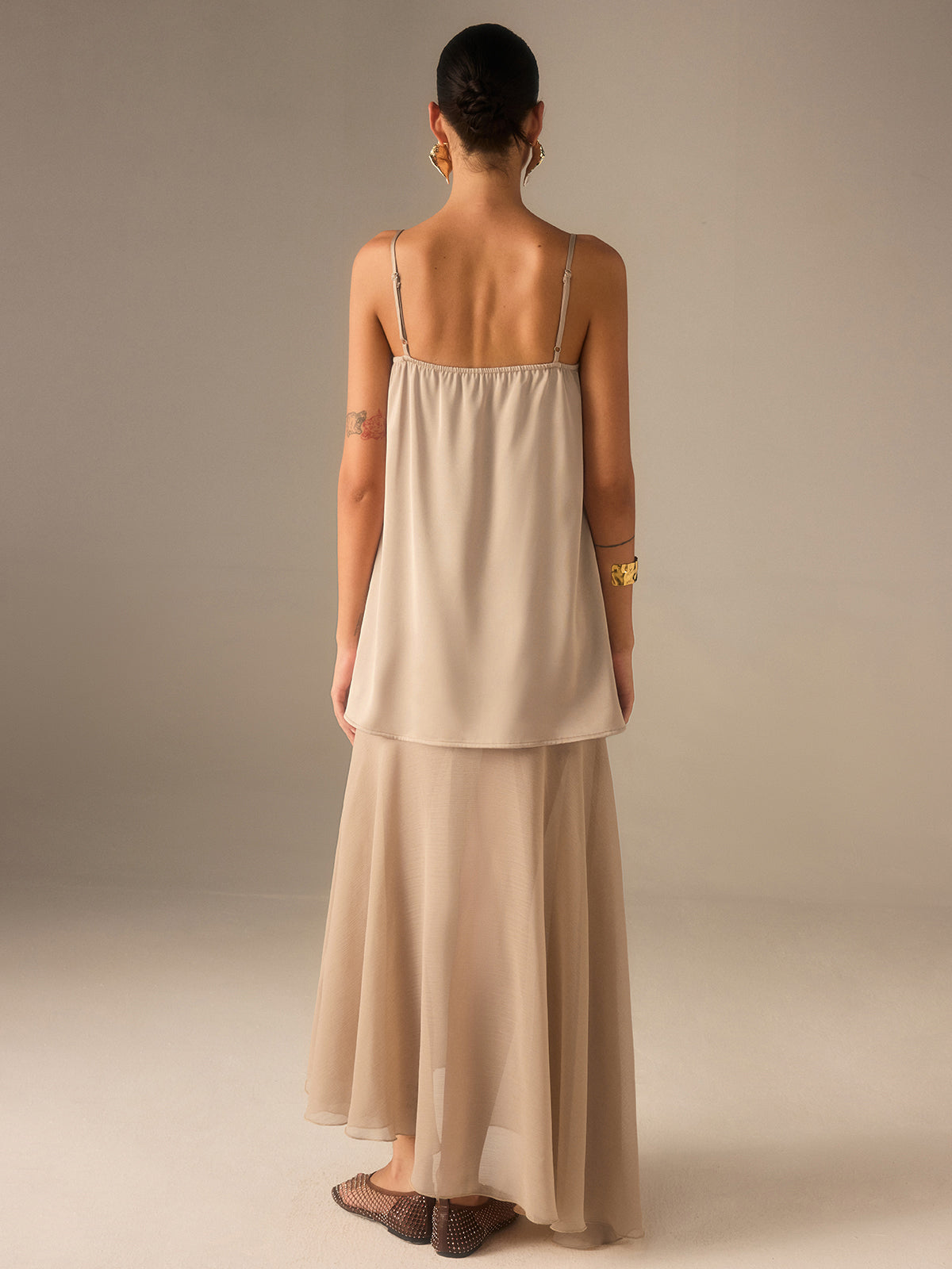 2 in 1 Semi-Sheer Chiffon Cami Maxi Dress with Adjustable Straps