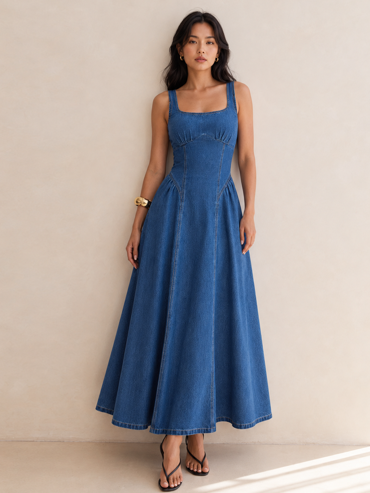 Square Neck Gathered Seam Denim Maxi Dress with Puff Sleeves and Side Pockets