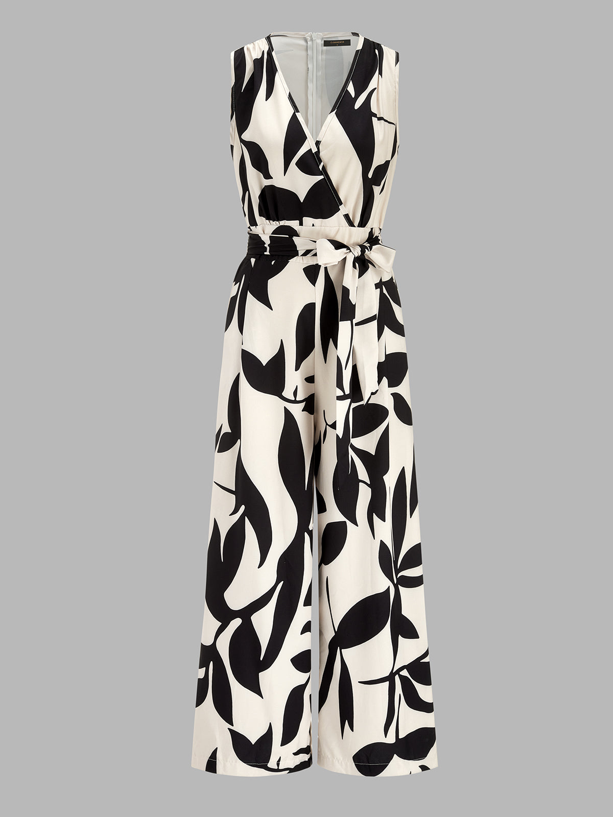 Leaf Print Belted Wide Leg Jumpsuit with Adjustable Straps for Women