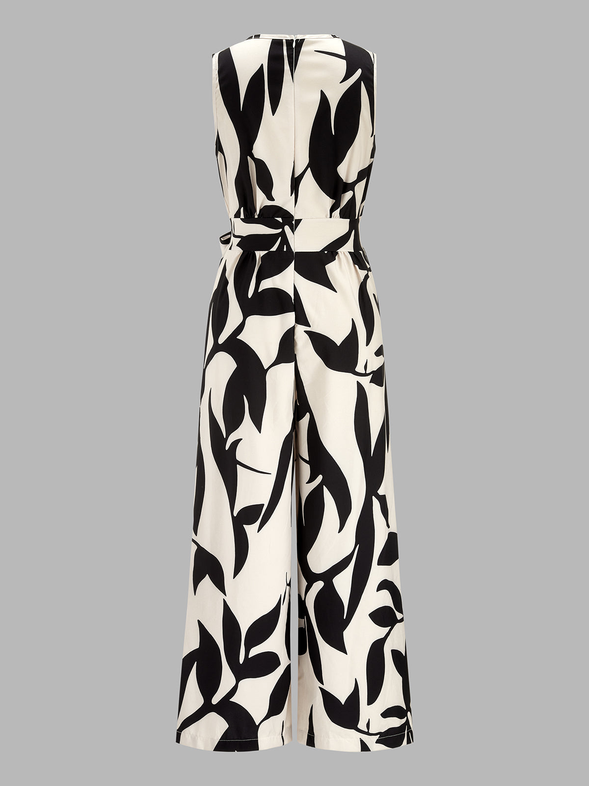 Leaf Print Belted Wide Leg Jumpsuit with Adjustable Straps for Women
