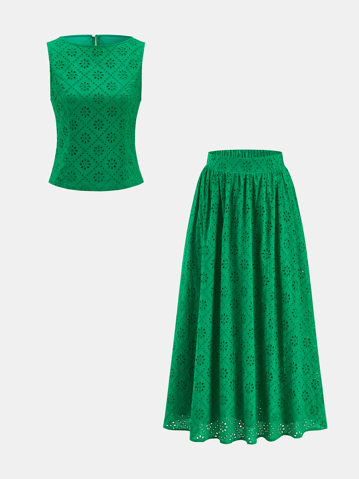 Eyelet Embroidered Top & Midi Skirt Set for Women Casual Wear
