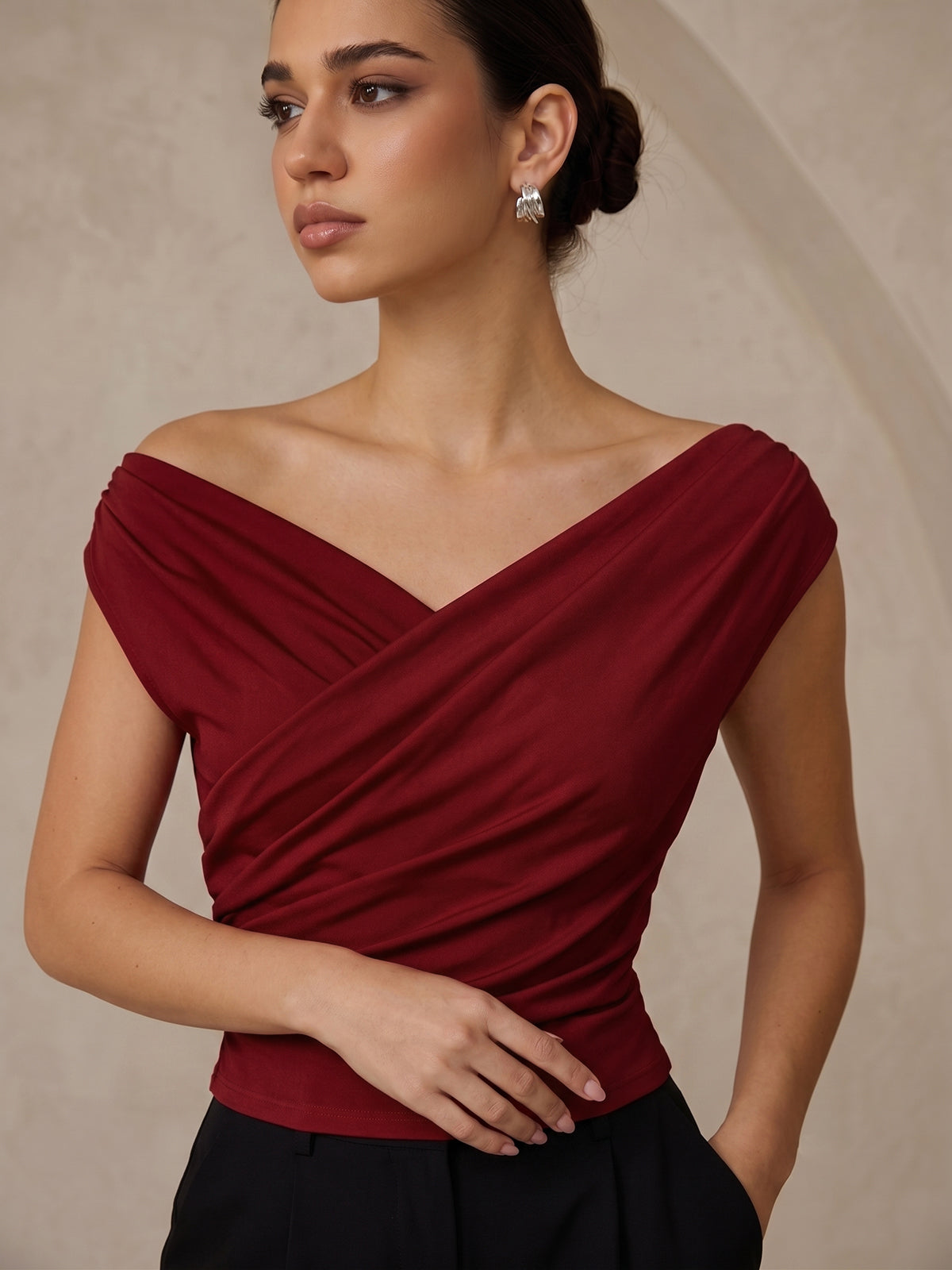 Asymmetric Neckline Ruched Blouse with Elegant Draping Detail