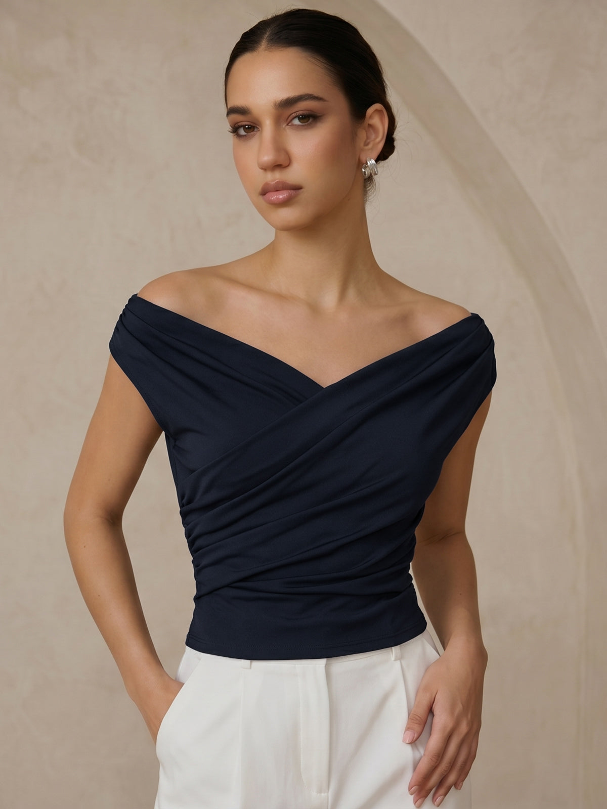 Asymmetric Neckline Ruched Blouse with Elegant Draping Detail