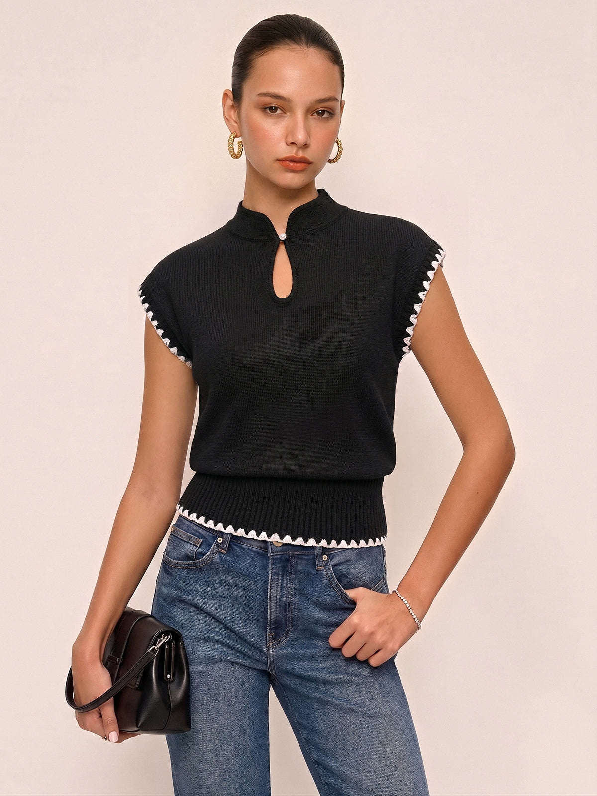 Scallop Trim Keyhole Knit Top - Stylish Comfort Fit Pullover