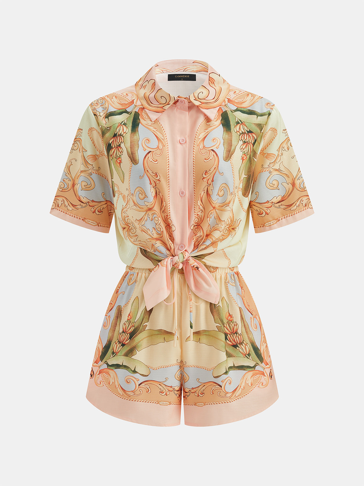 Leaf Print Linen Blend Shirt & Drawstring Shorts Set for Summer Casual Wear