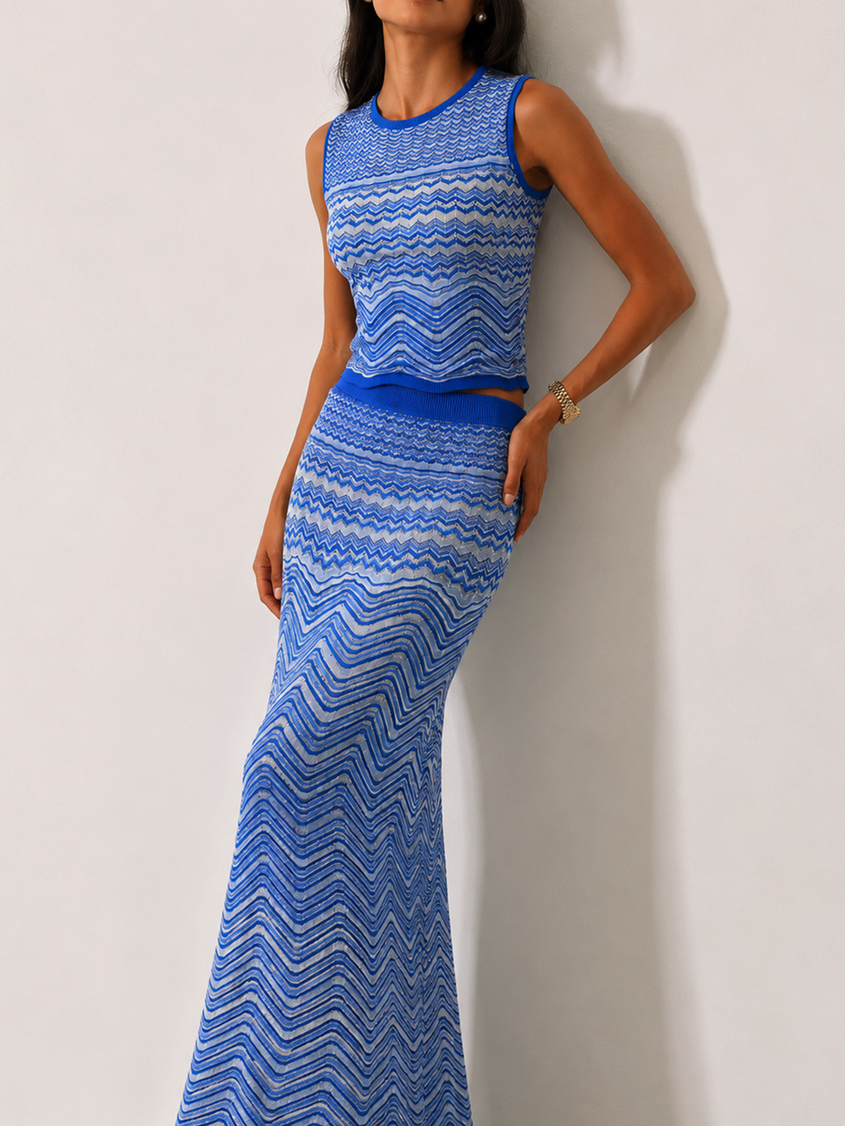 Chevron Knit Sleeveless Top & Maxi Skirt Set for Women Summer Fashion
