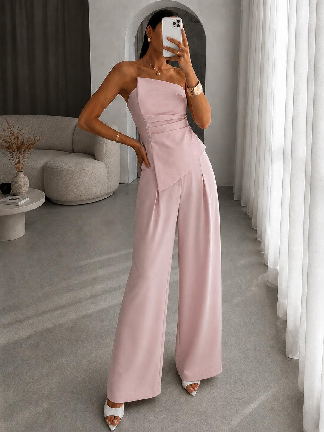 Asymmetric Ruched Strapless Top & Pants Set Elegant Evening Wear