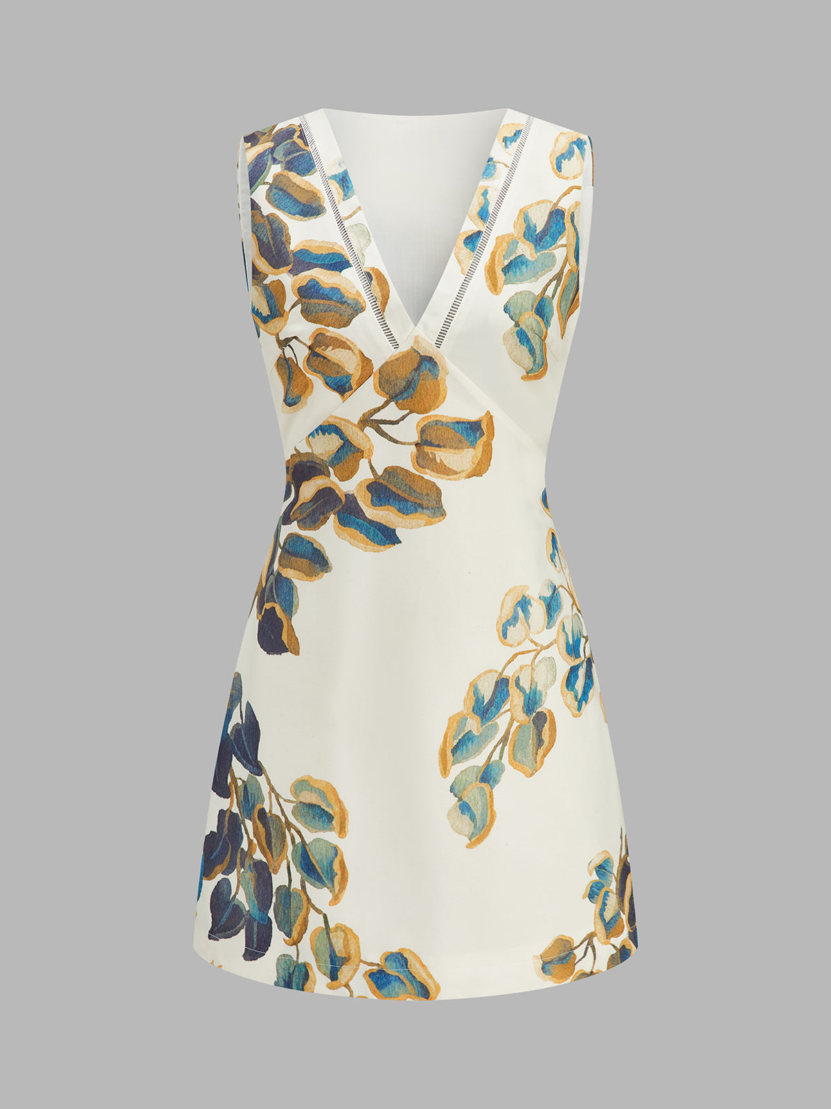 Eyelet Trim Leaf Print Sleeveless Mini Dress for Women Summer Casual