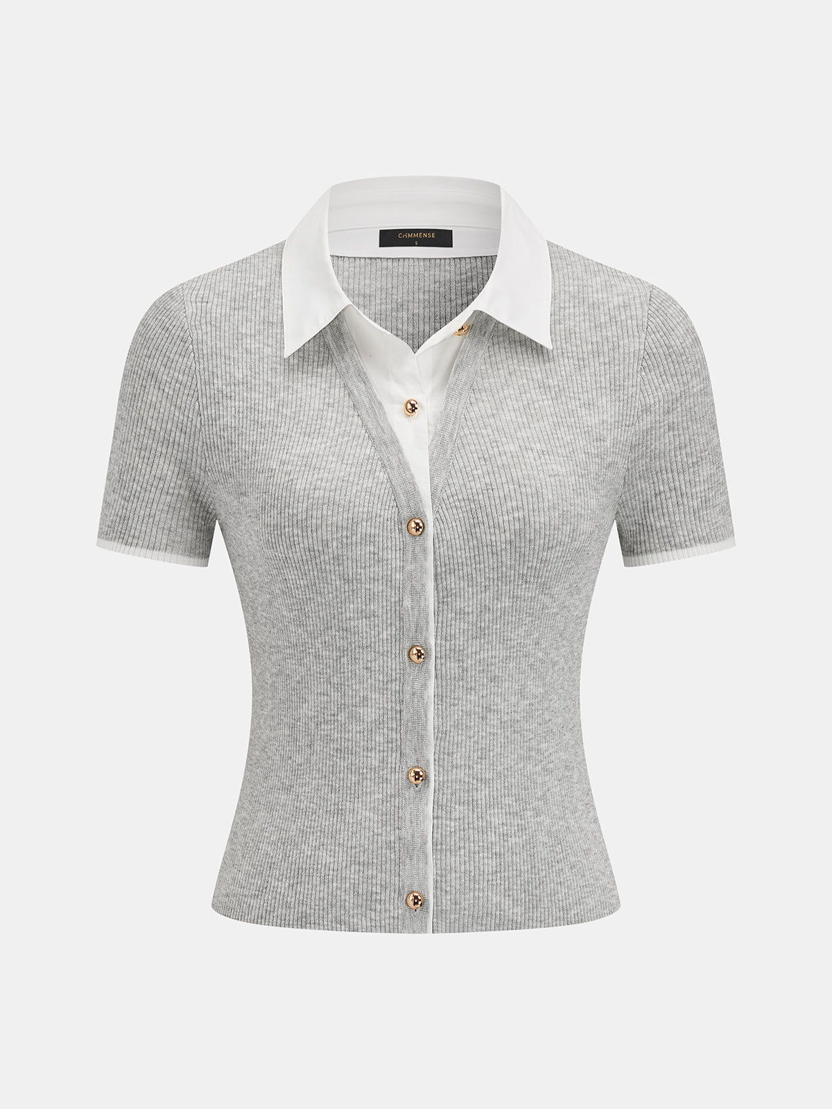Fake Collar Ribbed Knit Short Sleeve Top Women's Casual Comfort Fit
