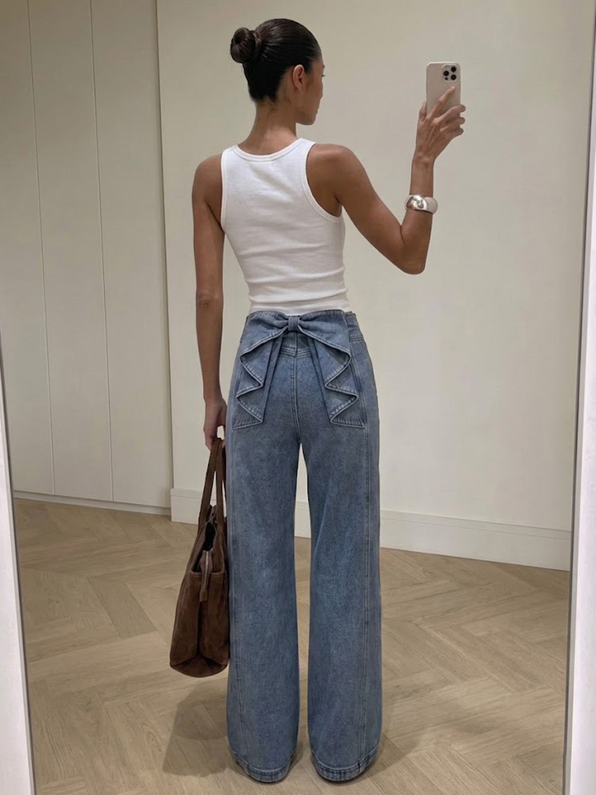 Bow Back High-Waist Wide-Leg Jeans for Women Casual Denim