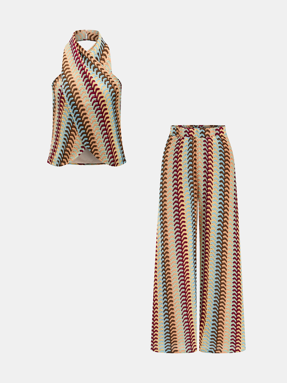 Multicolor Striped Knit Halter Top & Pants Set, Summer Beach Outfit Women