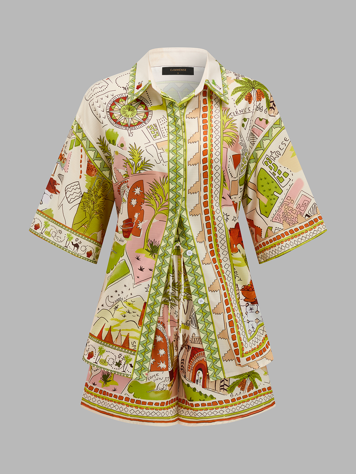 Printed Short Sleeve Shirt & Drawstring Shorts Set for Men Summer Beach Wear