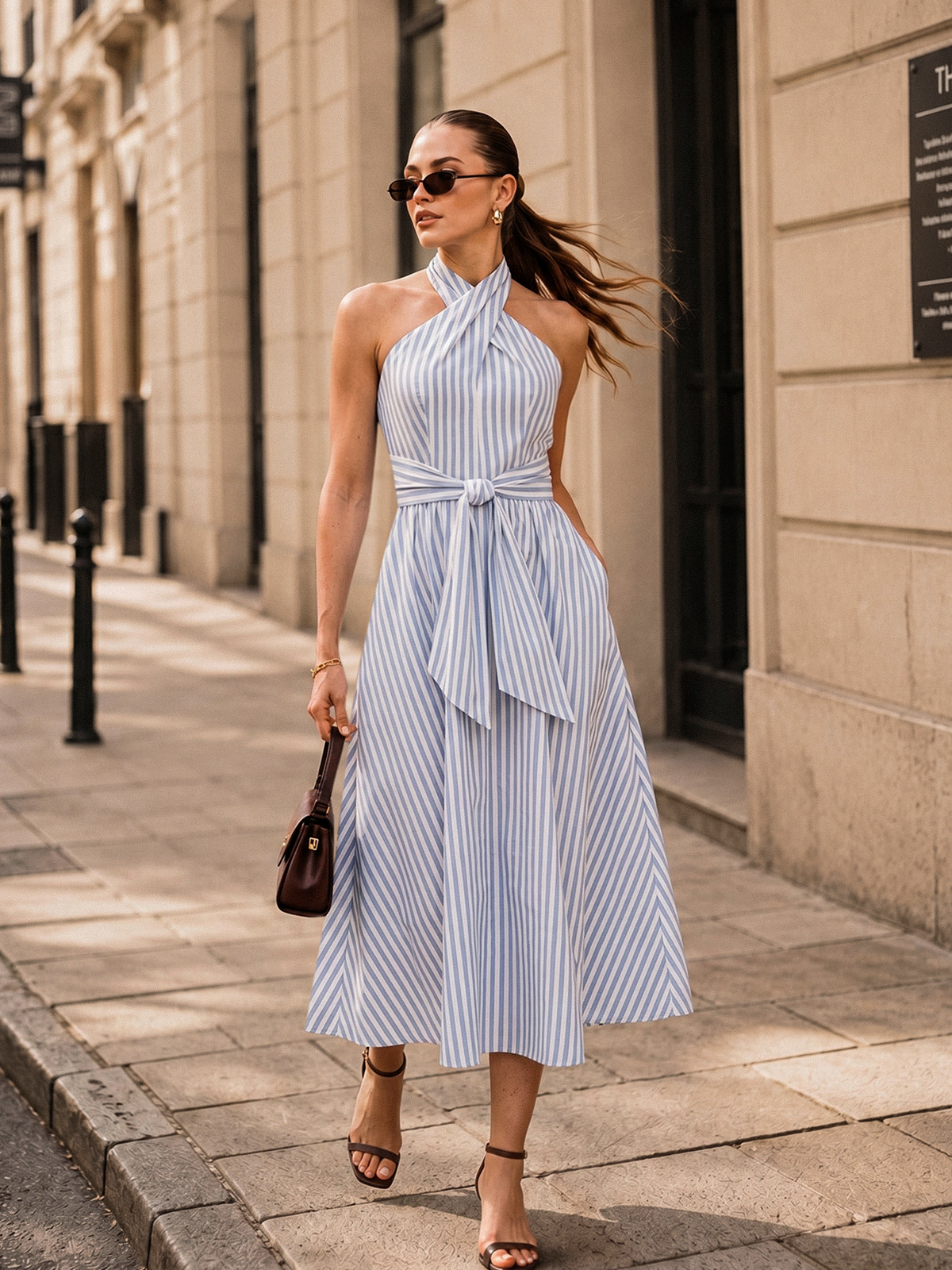 Striped Halter Tie-Waist Maxi Dress with Side Slit Detail