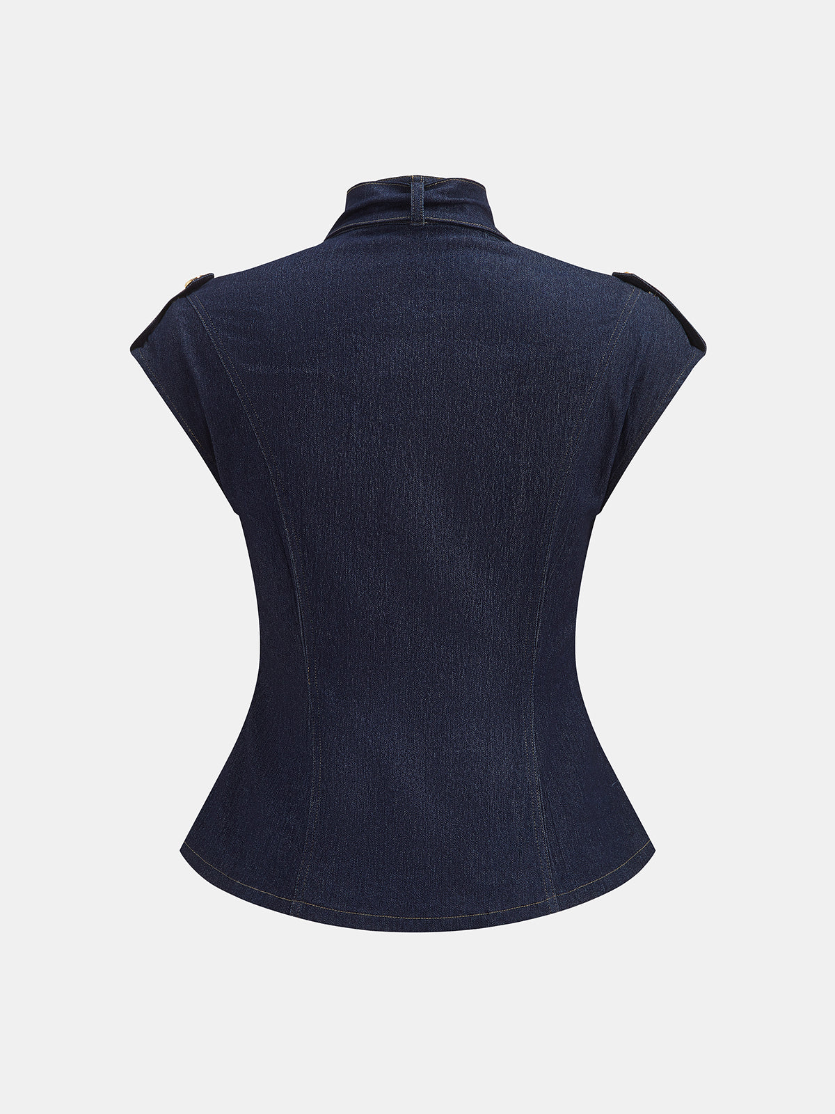 Tie Neck Epaulette Waist-Cinched Denim Blouse Women's Casual Fashion Top