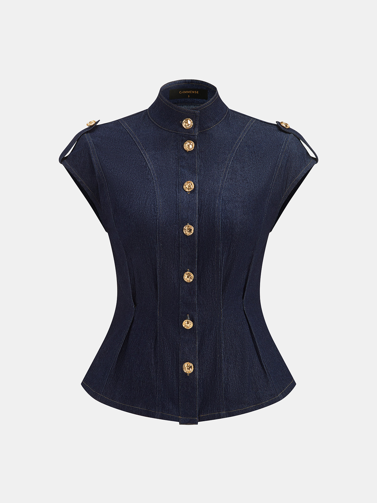 Tie Neck Epaulette Waist-Cinched Denim Blouse Women's Casual Fashion Top