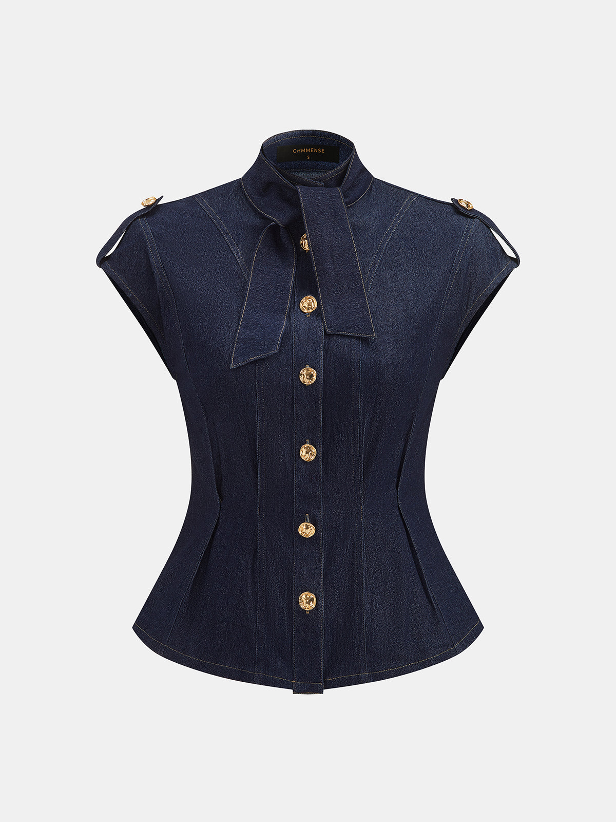 Tie Neck Epaulette Waist-Cinched Denim Blouse Women's Casual Fashion Top