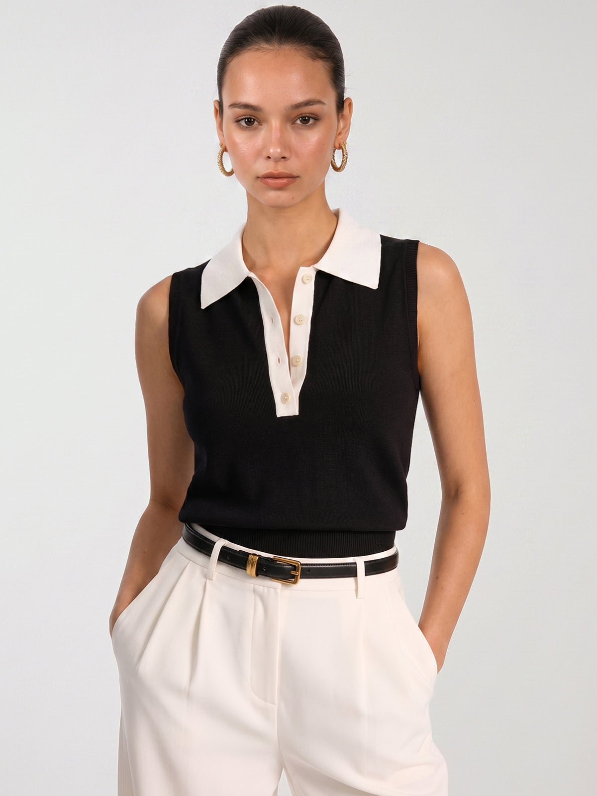 Color Block Sleeveless Polo Knit Top for Women Fashion Casual