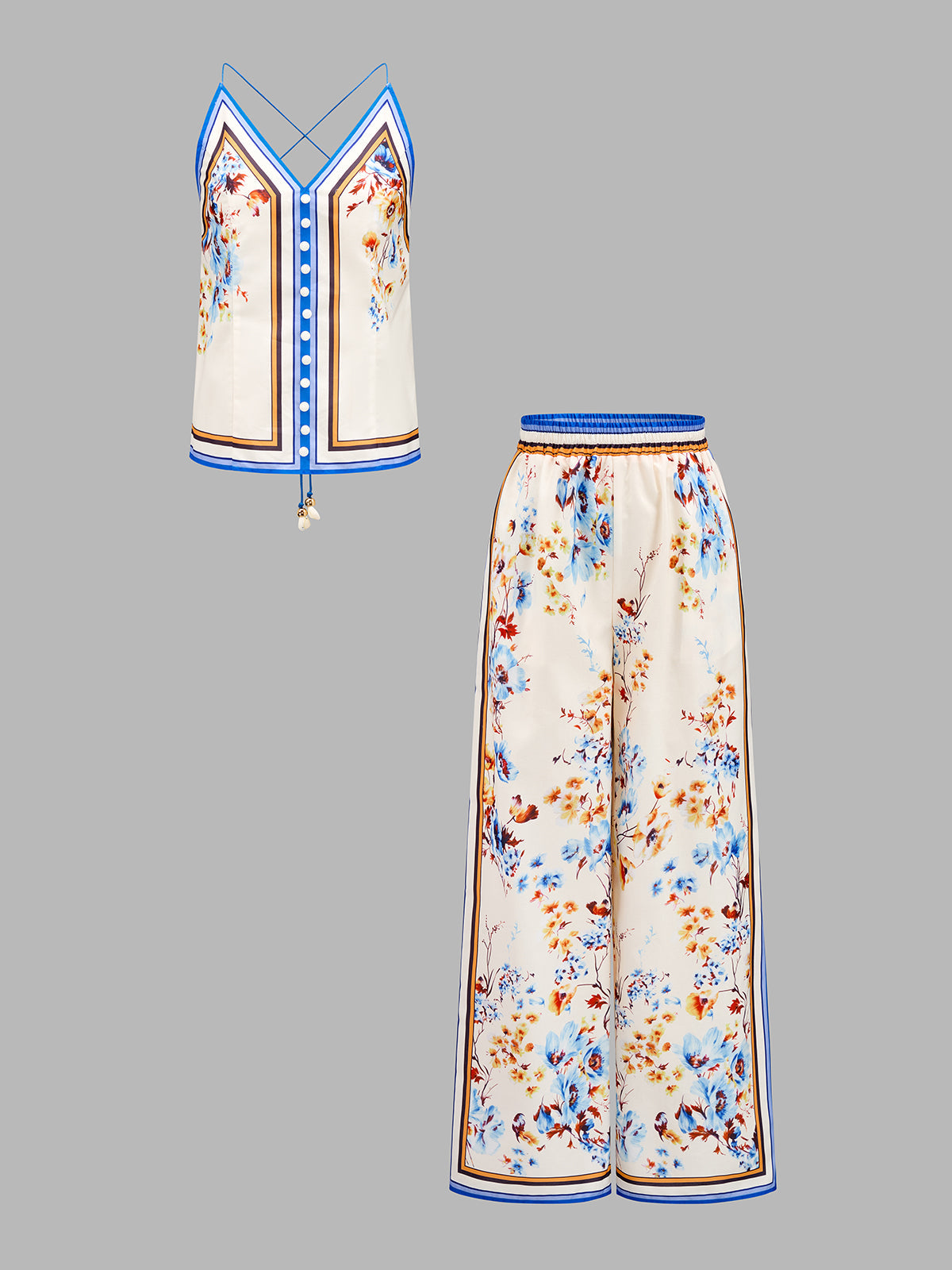 Floral Border Print Cami Top & Wide Leg Pants Set for Women Casual Summer