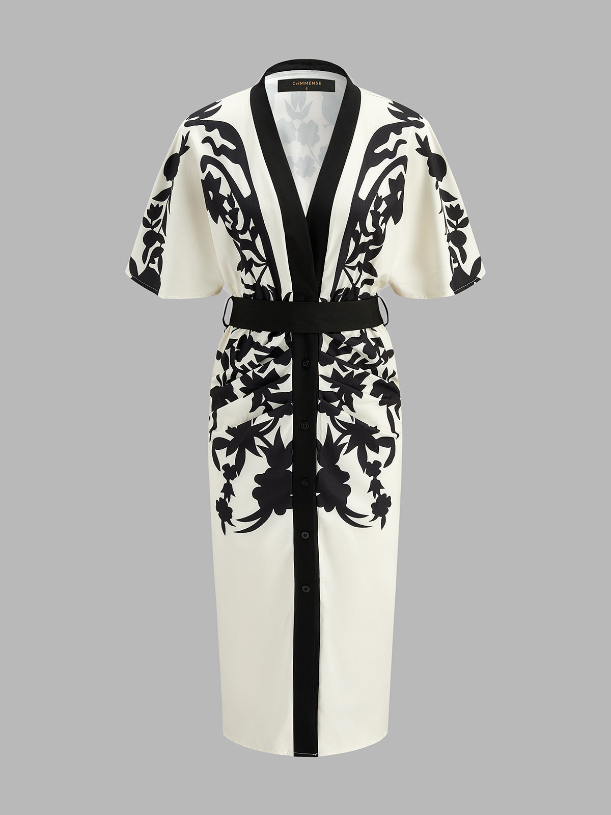 Abstract Print V-Neck Belted Midi Dress for Casual and Formal Wear