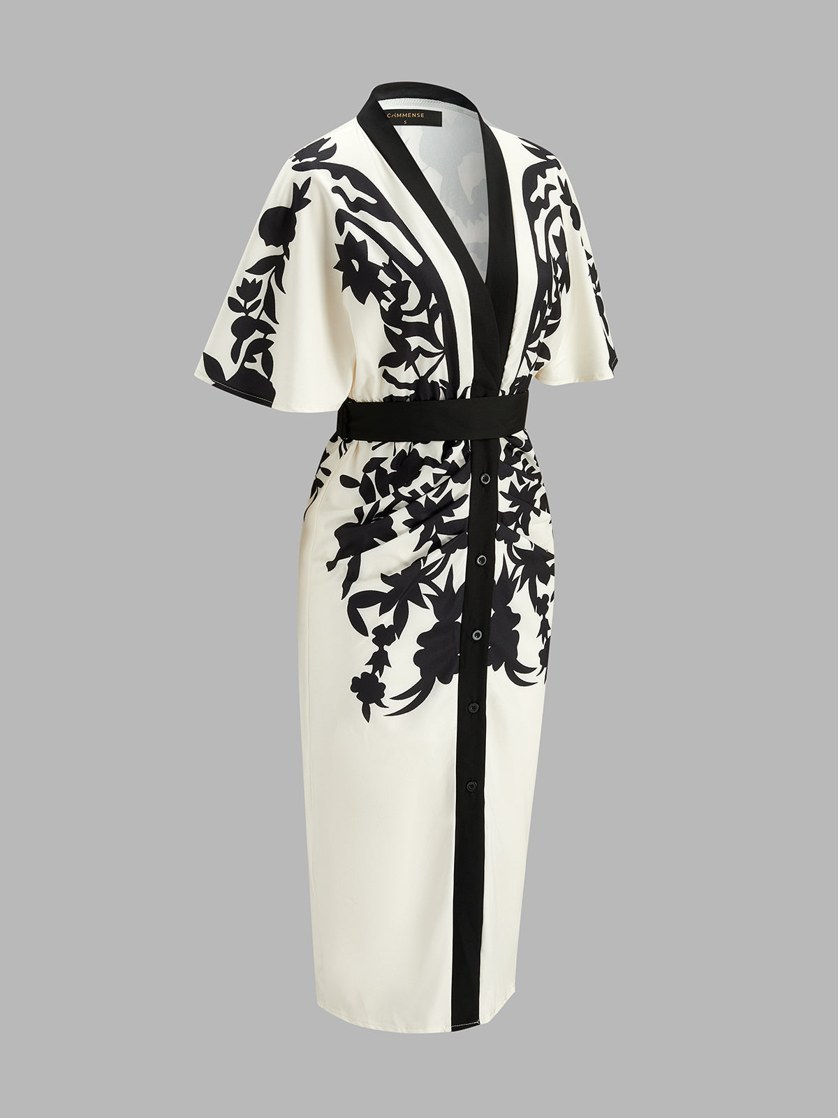 Abstract Print V-Neck Belted Midi Dress for Casual and Formal Wear