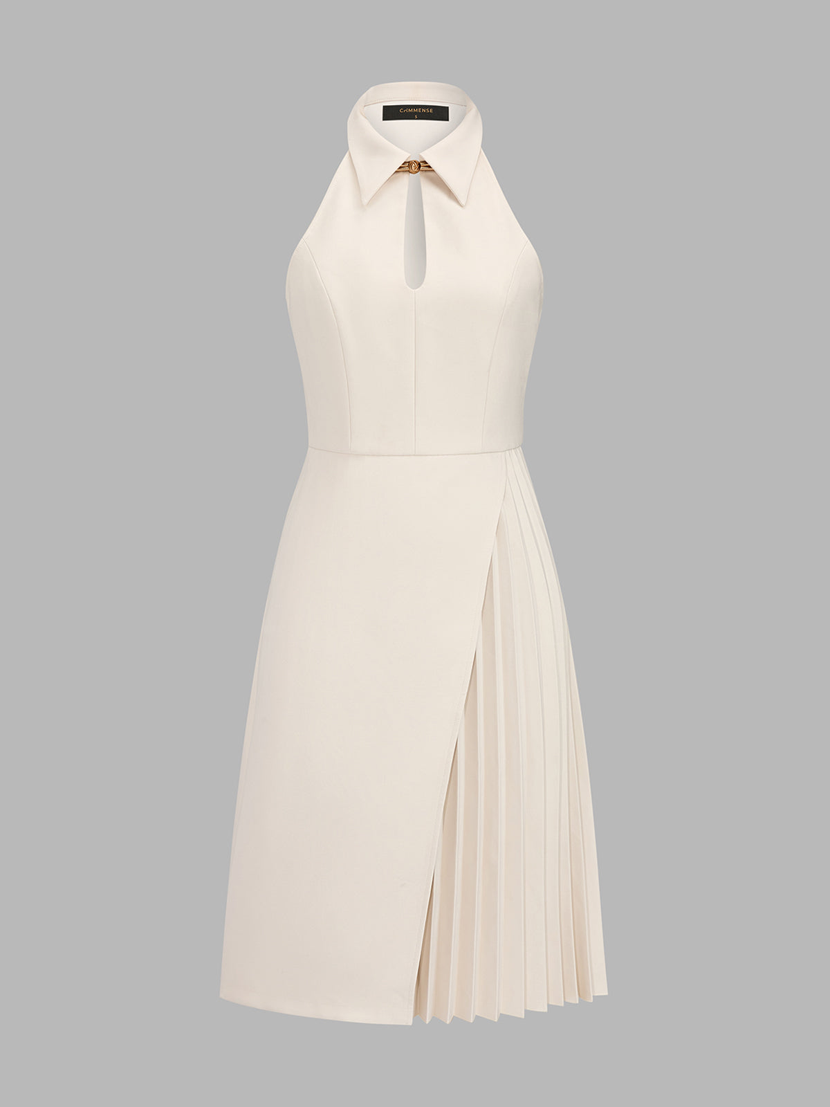 Keyhole Collared Pleated Midi Dress for Women with Belt Detail