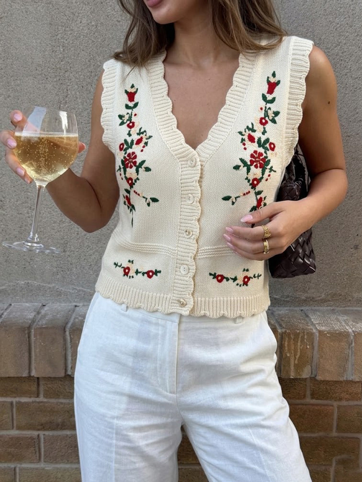 Floral Embroidered Knit Vest for Women Casual Layering